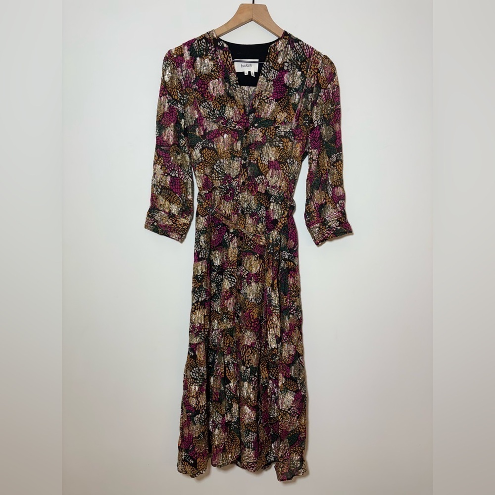 ba&sh Love Metallic Floral Print Midi Belted Dress $495 Sz XS - Picture 4 of 14